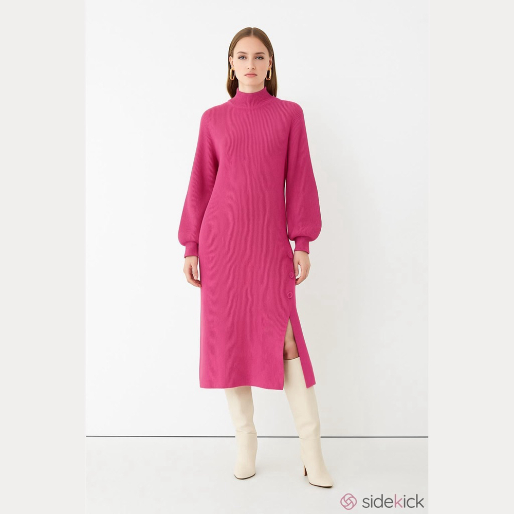 & OTHER STORIES Buttoned Slit Rib Knit Wool Blend Dress in Pink- Size Medium